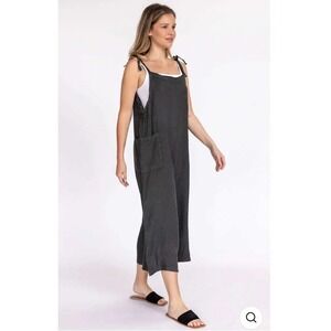 Meo Meli Italy Charcoal Black Linen Tie Shoulder Overalls Jumpsuit Lagenlook